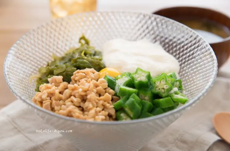 オクラ、納豆、山芋とろろ丼の写真｜発酵食品×食物繊維で腸活効果UP｜ベスト食べ合わせレシピ