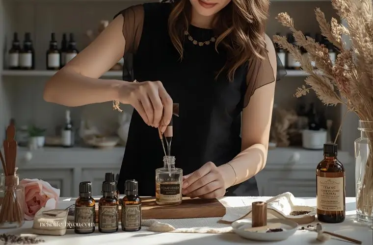 アロマの精油をブレンドしている女性の写真｜香りで整えるストレスケア｜40代からの自律神経リセット習慣