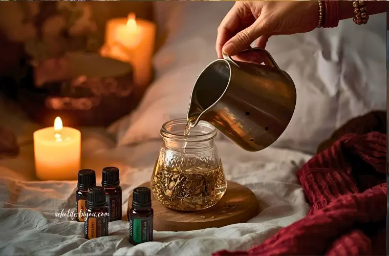 ベッドサイドに置かれたハーブティーと精油瓶

女性の手がハーブをティーポットに入れる瞬間

落ち着いた夜の照明、温もりのある色味