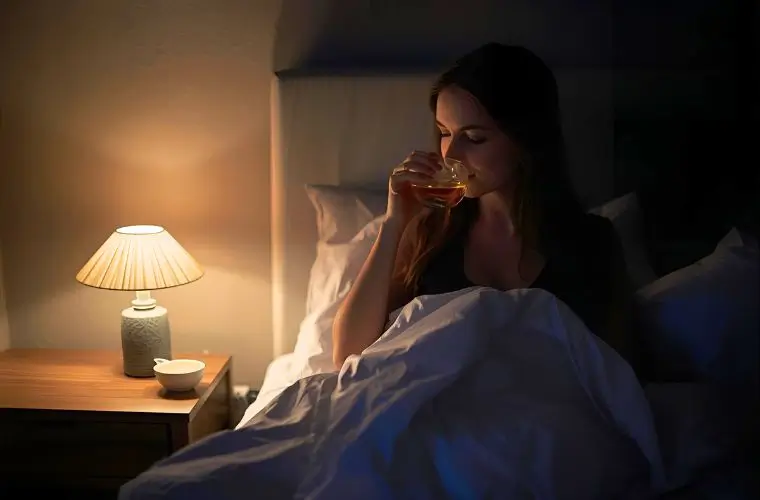 ベッドサイドに置かれたハーブティーと精油瓶

女性の手がハーブをティーポットに入れる瞬間

落ち着いた夜の照明、温もりのある色味