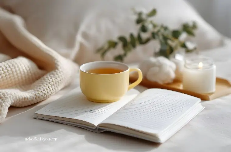 ベッドサイドに置かれたハーブティーと精油瓶

女性の手がハーブをティーポットに入れる瞬間

落ち着いた夜の照明、温もりのある色味