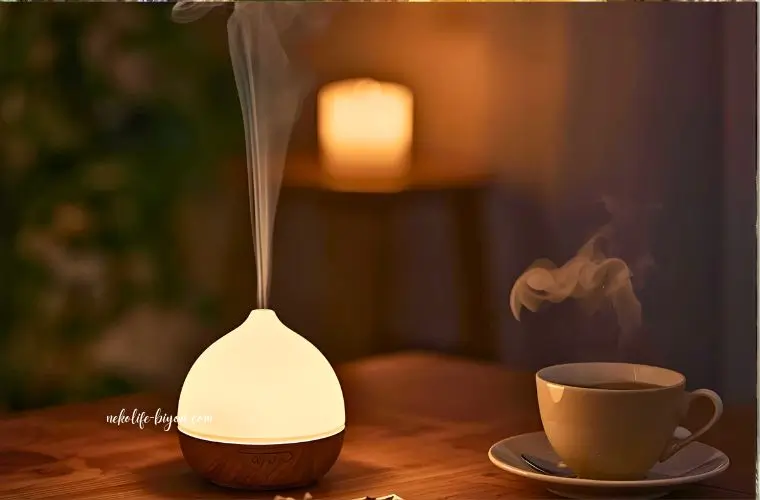 ベッドサイドにアロマディフューザーとハーブティーの写真｜シダーウッド精油の効果と使い方｜揺らぐ心を落ち着かせるグラウンディングの香り