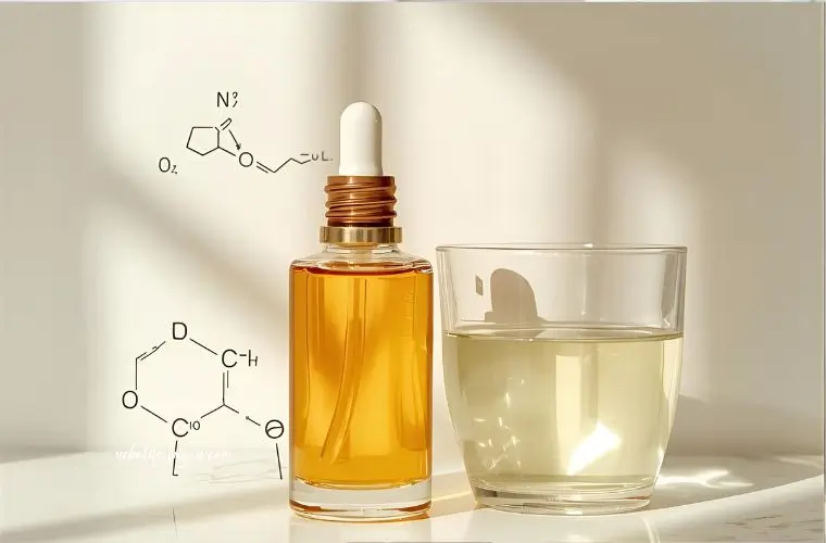 アロマの精油と分子図のイメージ｜更年期 アロマで整える心と体｜ホルモンバランスと自律神経を支える香り習慣