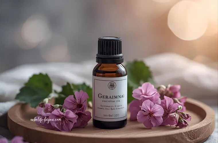 ゼラニウムの精油瓶とゼラニウムの花の写真｜更年期 アロマで整える心と体｜ホルモンバランスと自律神経を支える香り習慣