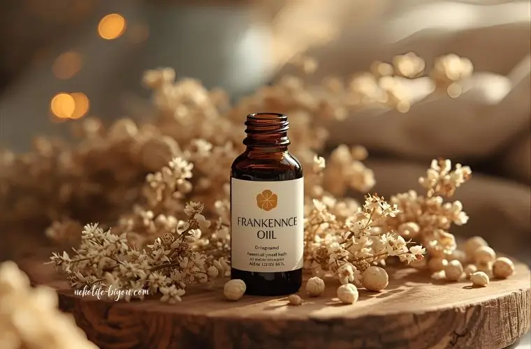 フランキンセンスの精油瓶とハーブの写真｜アロマディフューザーの使い方｜香りを心地よく広げる基本とコツ