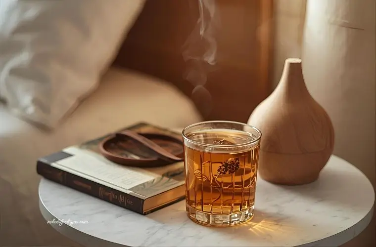 ベッドサイドに置かれたハーブティーと精油瓶

女性の手がハーブをティーポットに入れる瞬間

落ち着いた夜の照明、温もりのある色味