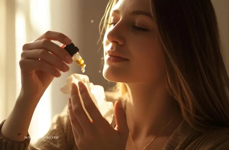 ティッシュに垂らした精油の香りを嗅ぐ女性の写真｜香りで整えるストレスケア｜40代からの自律神経リセット習慣