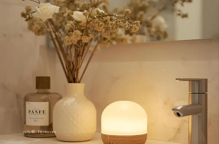 洗面所に置いたアロマディフューザーの写真｜香りで整える朝のマインドセット｜1日の集中力を高めるブレンドと習慣