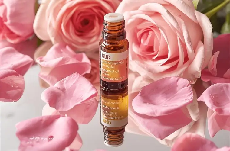 鏡に映るローズ精油のボトル写真｜更年期 アロマで整える心と体｜ホルモンバランスと自律神経を支える香り習慣