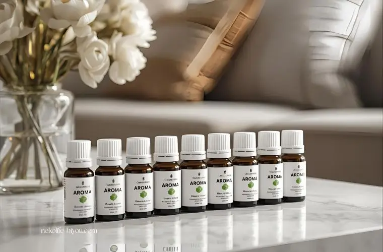 リビングテーブルに精油が並んでいる写真｜aroma-essential-oil-components