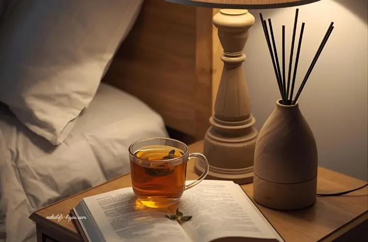 ベッドサイドに置かれたハーブティーと精油瓶

女性の手がハーブをティーポットに入れる瞬間

落ち着いた夜の照明、温もりのある色味