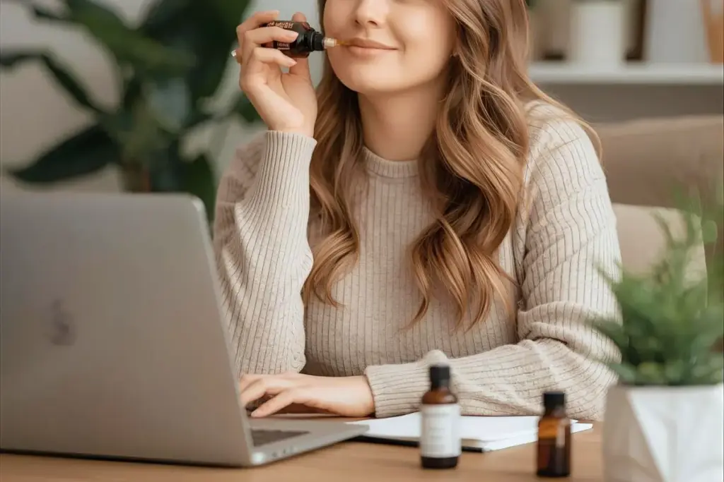 在宅ワーク中にアロマの香りで集中力を高める女性の写真｜午後の眠気をリセットする香り｜仕事中に集中を取り戻すアロマ5選
