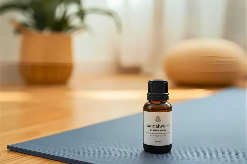 ヨガマットに置いたサンダルウッドのサンダルウッド精油の効果と使い方｜思考を鎮める深い静けさの香りボトルの写真｜　