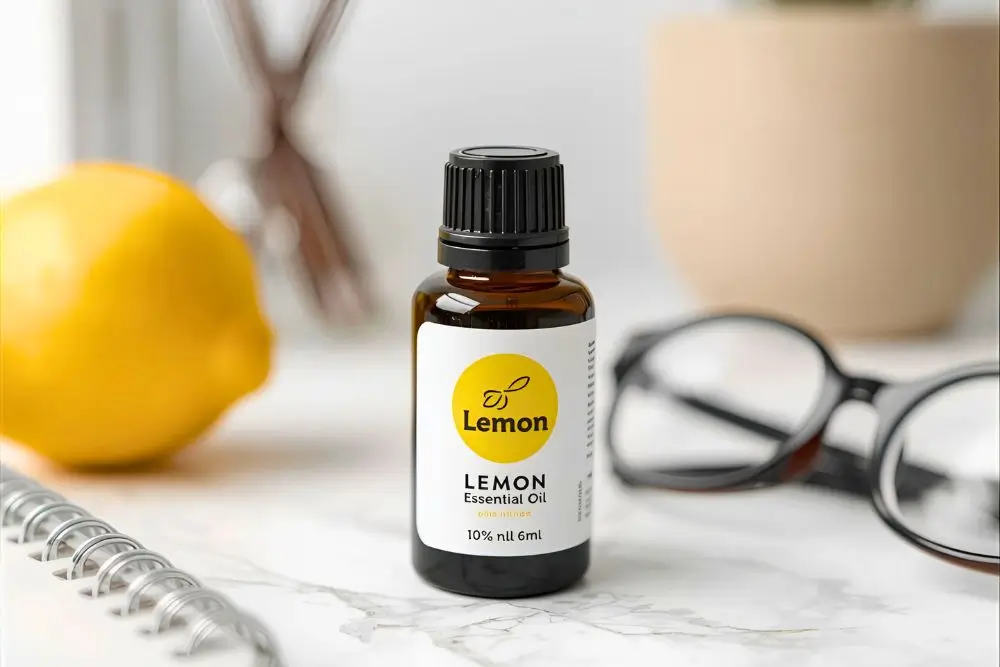 デスクの上に置いたレモンの精油のボトルとノートとメガネの写真｜朝の気分を整える香り｜1日の集中を創るアロマモーニングルーティン