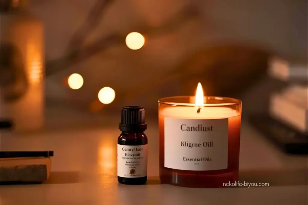 精油ボトルとキャンドル|思い込みを静かに手放すアロマ心理学|香りで心の深部がほどける理由