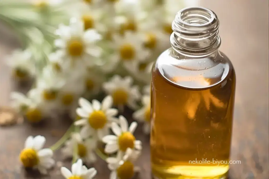 カモミール精油とカモミールの花の写真｜ローマンカモミール精油の効果と使い方｜安心して眠れる夜をつくる香り