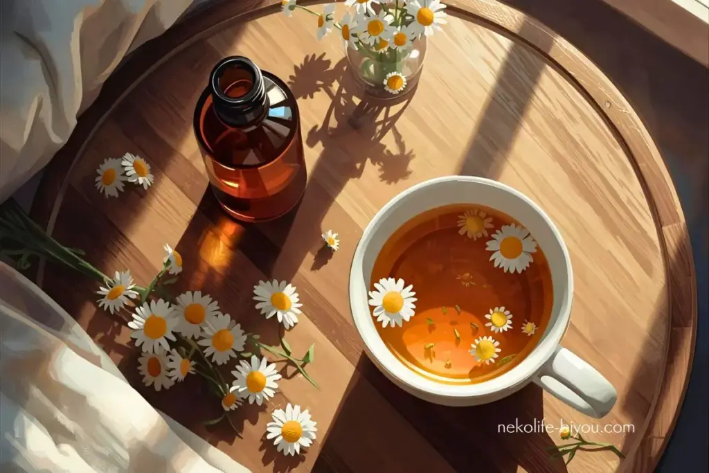 カモミールティーとカモミールオイルの写真｜ローマンカモミール精油の効果と使い方｜安心して眠れる夜をつくる香り