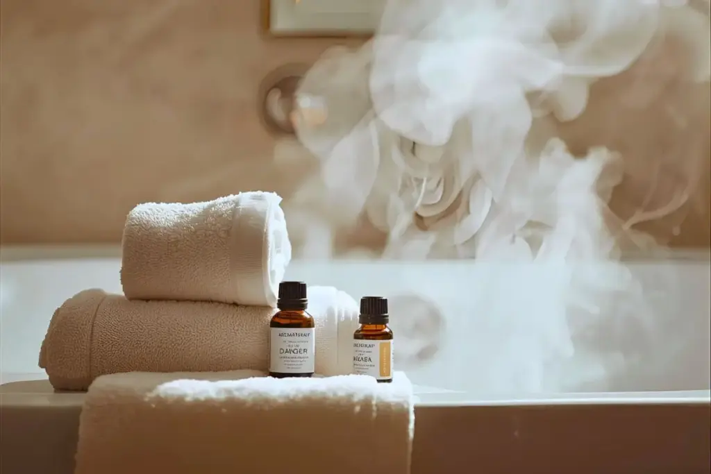 湯気が上がっているアロマバスと精油の写真｜ネロリ精油の効果と使い方｜不安をほどき、心をやわらかく整える夜の香り