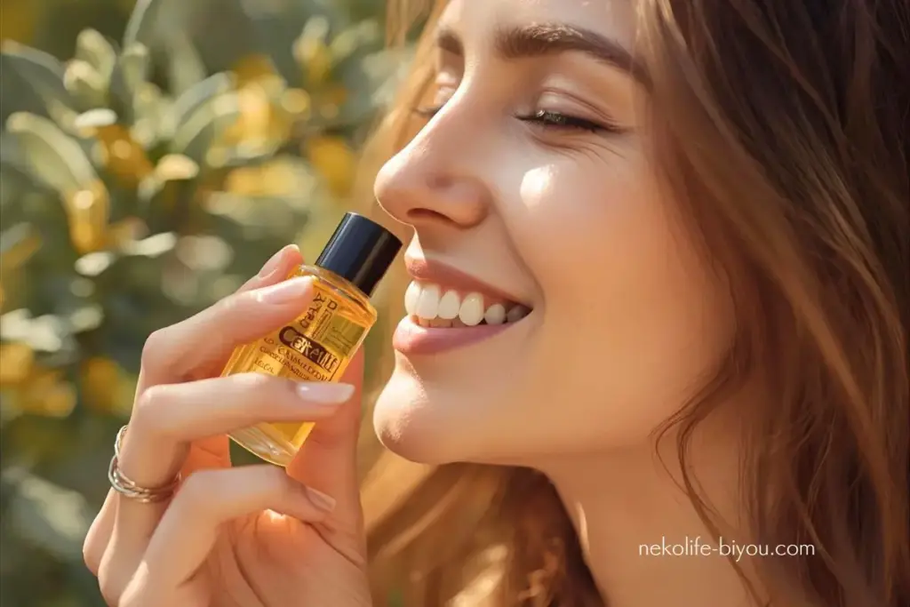 ネロリの香りを嗅いで安心する女性の写真｜精油ブレンドの基本｜香りの相性と黄金バランスを見つけるコツ