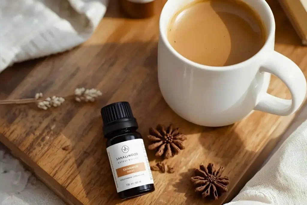 コーヒーとサンダルウッドの精油ボトルの写真｜サンダルウッド精油の効果と使い方｜思考を鎮める深い静けさの香り