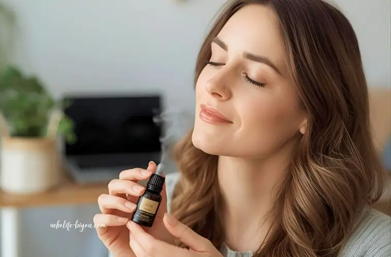 アロマの香りを吸い込み心を整えている女性の写真｜サイプレス精油の効果と使い方｜気持ちを整える呼吸のアロマ