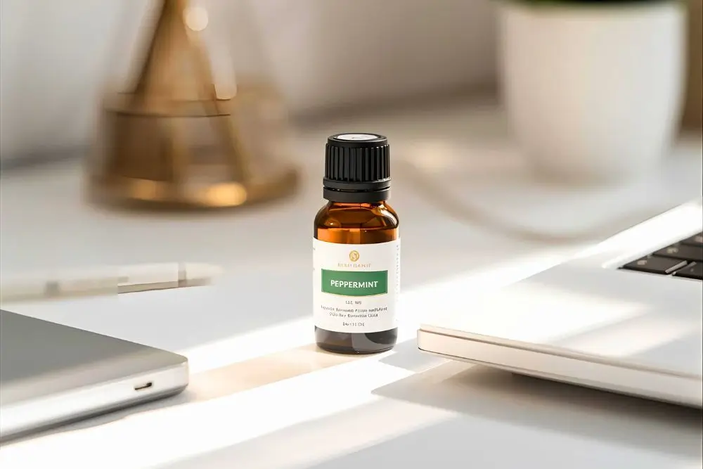 デクスに置いたペパーミント精油ボトルの写真｜午後の眠気をリセットする香り｜仕事中に集中を取り戻すアロマ5選