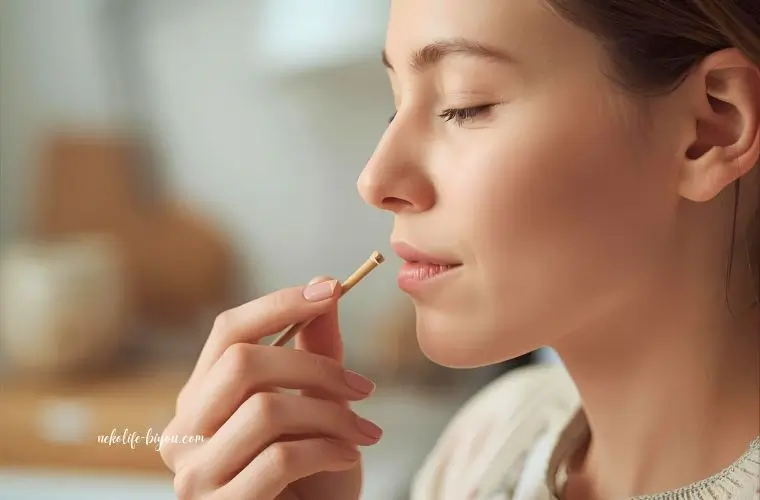 アロマの香りを確かめる女性の横顔の写真｜レモン精油の効果と使い方｜前向きな思考を取り戻す朝の香り