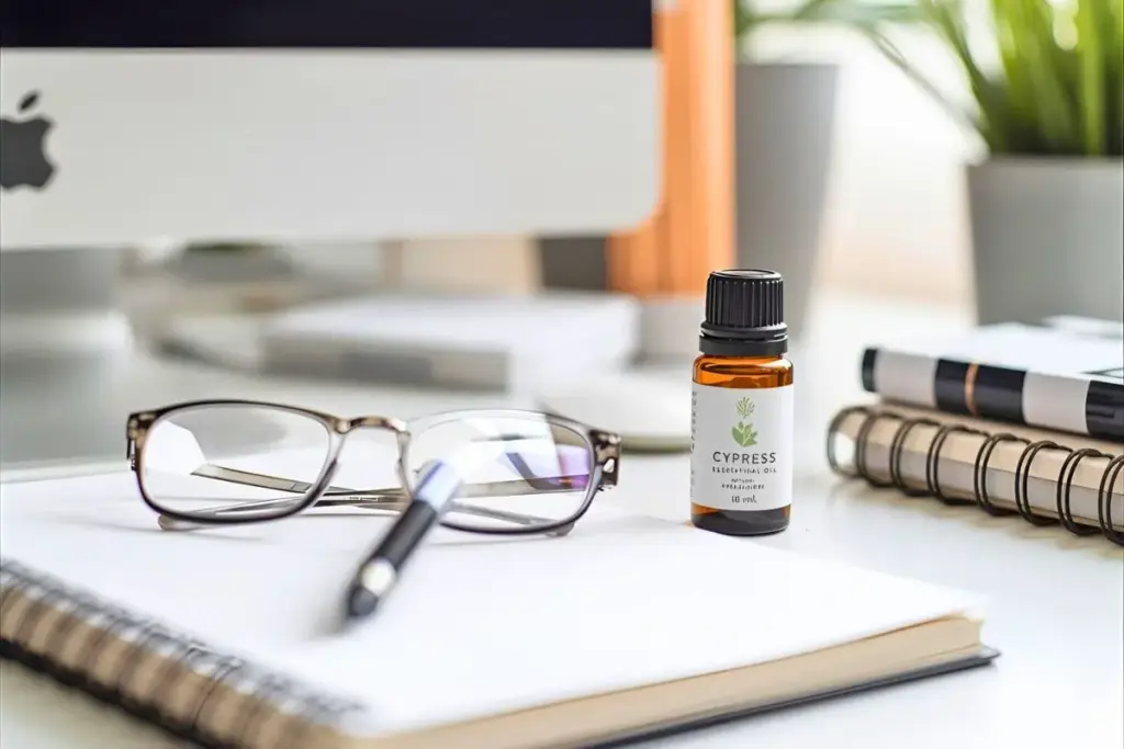デスクワーク中にサイプレス精油で感情の切り替え｜サイプレス精油の効果と使い方｜気持ちを整える呼吸のアロマ