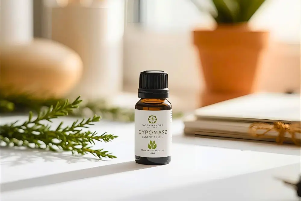 デスクに置いたサイプレスの精油ボトルの写真｜午後の眠気をリセットする香り｜仕事中に集中を取り戻すアロマ5選