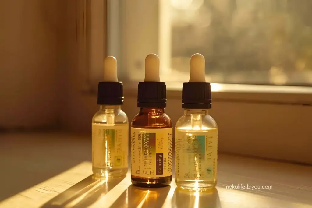 朝の光の中の精油ボトル写真|香りでセルフイメージが変わる理由|潜在意識に届くアロマ心理学