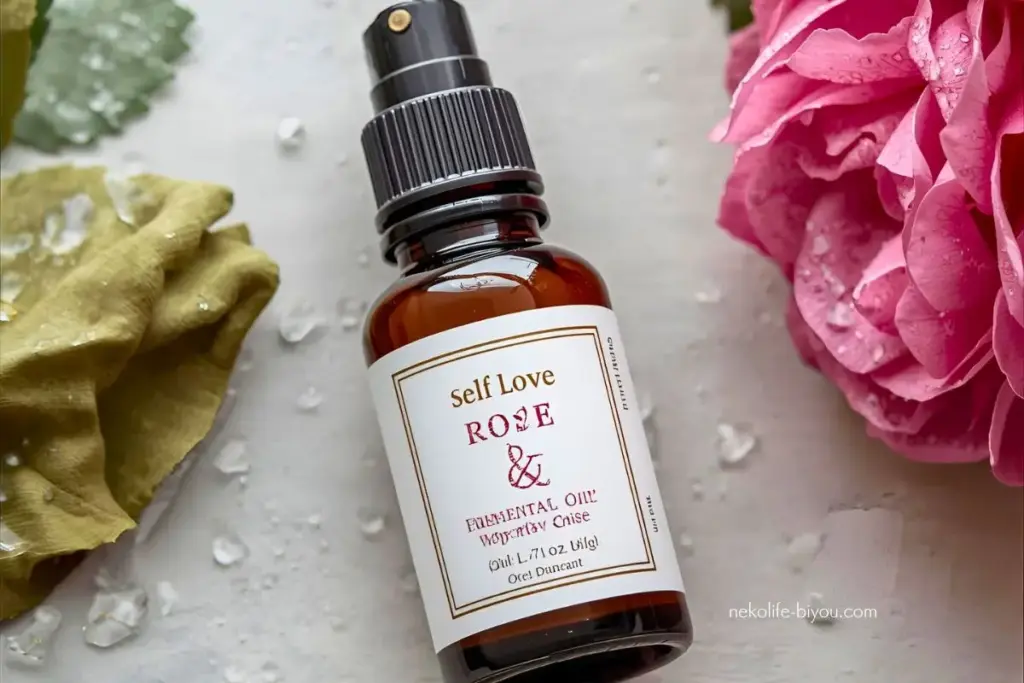 ローズの精油ボトルの写真｜ローズ精油の効果と使い方｜自己肯定感を満たし、女性性を整える夜の香り
