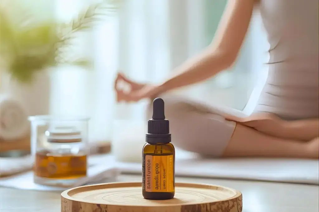 サンダルウッドのの精油の香りを漂わせ部屋でヨガしている女性｜サンダルウッド精油の効果と使い方｜思考を鎮める深い静けさの香り