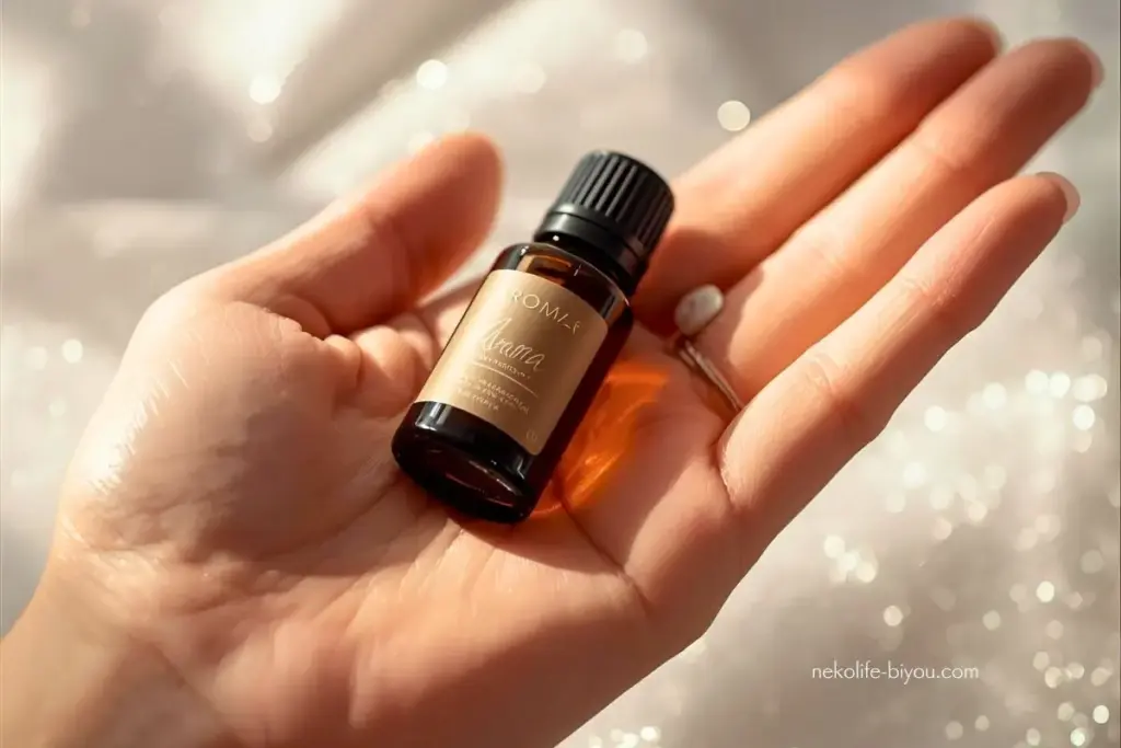 手のひらの上においた精油ボトルの写真|香りでセルフイメージが変わる理由|潜在意識に届くアロマ心理学