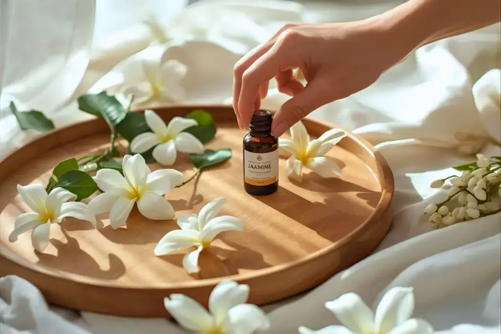 ジャスミンの精油ボトルに手を伸ばす女性の手元写真｜ジャスミン精油の効果と使い方｜心を満たす自信の香り