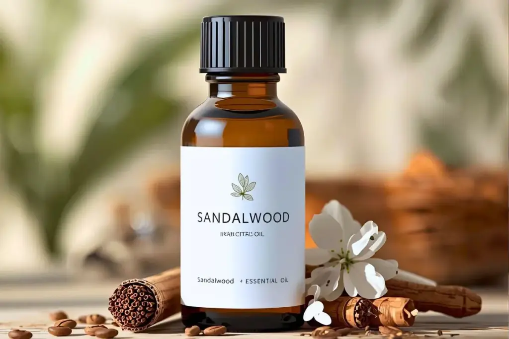 サンダルウッドの精油ボトルの写真｜サンダルウッド精油の効果と使い方｜思考を鎮める深い静けさの香り