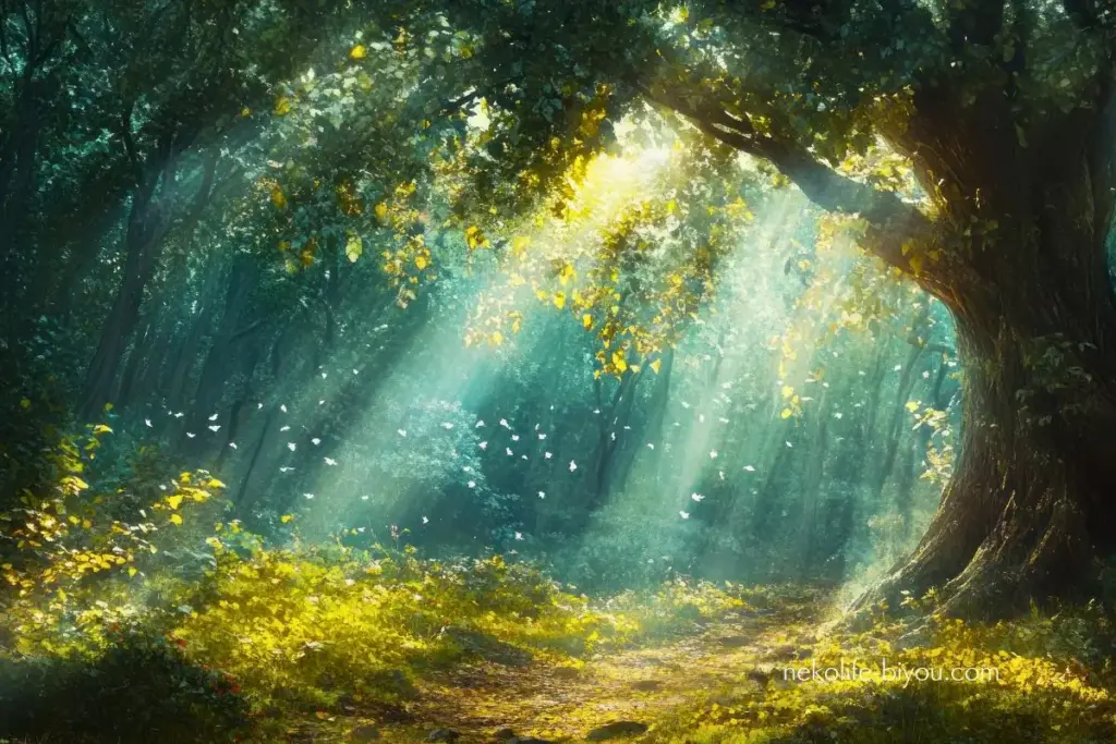 朝の日差しが差し込む森の写真｜シダーウッド精油の効果と使い方｜揺らぐ心を落ち着かせるグラウンディングの香り